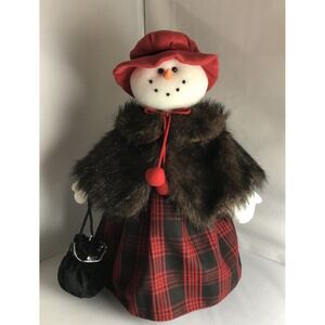 Large Snowman Christmas Decoration 16.5" Tall Faux Fur‎ Plaid Dress Handbag